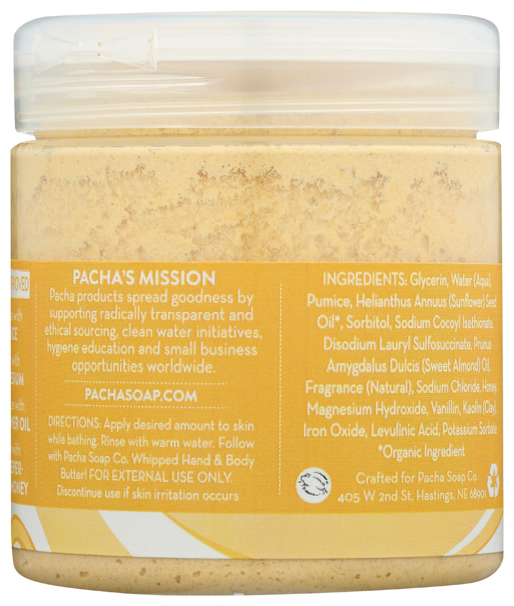 Pacha Soap Co Vanilla Almond Whipped Soap Scrub texture closeup, light foam for gentle exfoliation