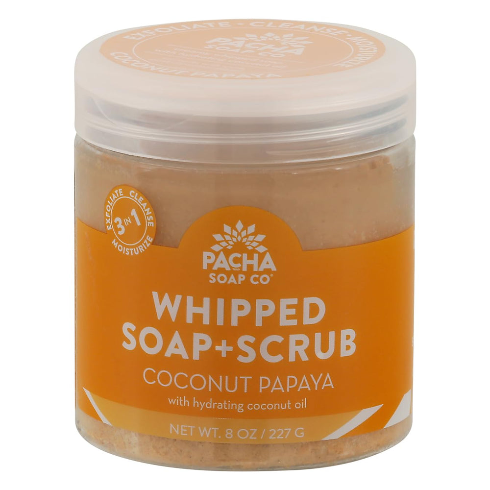 Pacha Soap Co Coconut Papaya Whipped Soap Scrub texture offers gentle exfoliation and hydrating skin.