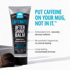 Pacific Shaving Company's caffeinated aftershave bottle back label highlights ingredients and benefits.