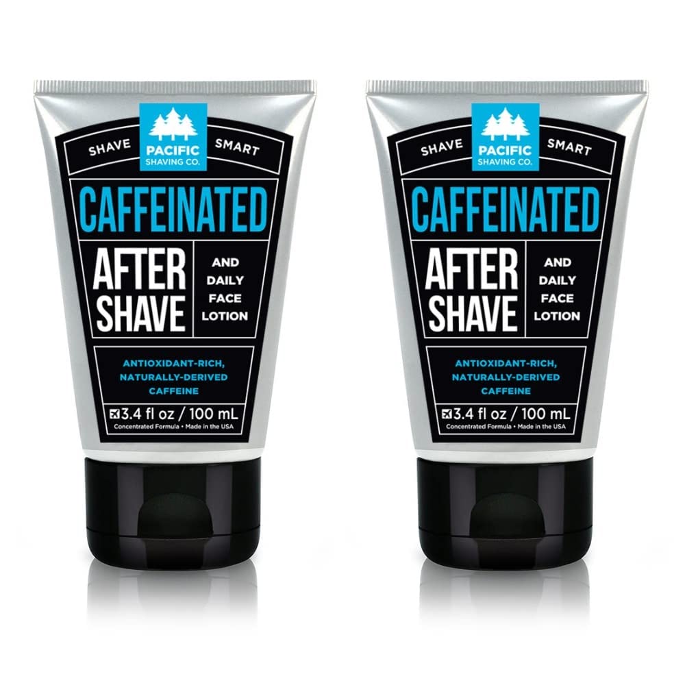 Pacific Shaving Company's caffeinated aftershave bottle front for an energized morning routine.