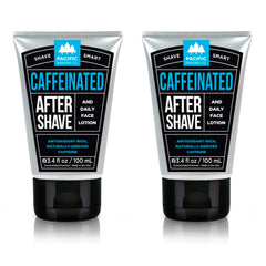 Pacific Shaving Company's caffeinated aftershave bottle front for an energized morning routine.