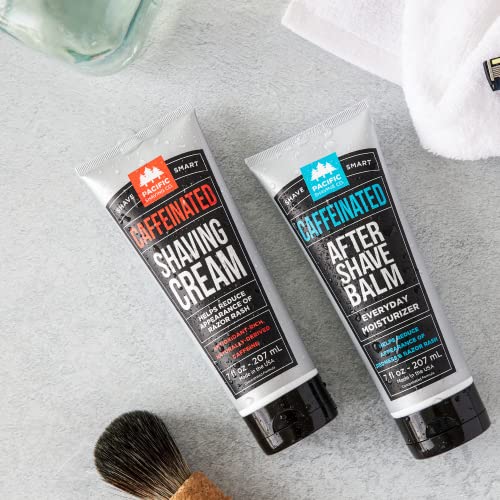 Pacific Shaving caffeinated aftershave ingredients aloe and spearmint provide soothing cooling.