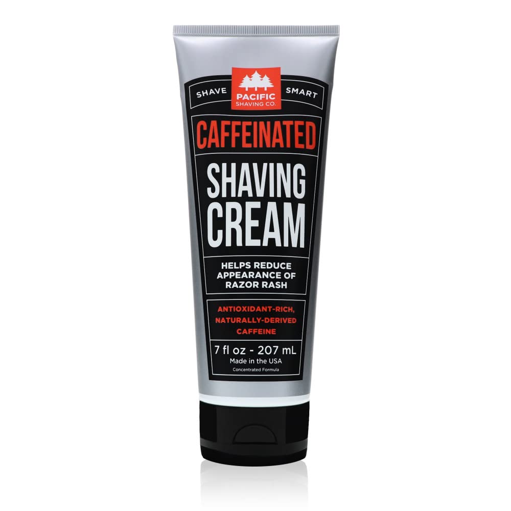 Pacific Shaving Company caffeinated shaving cream tube showcasing hydrating shea butter formula for a smooth shave