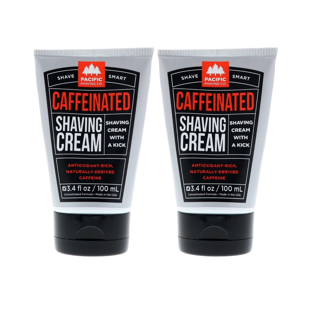 Pacific Shaving Company caffeinated-shaving-cream-tub-front shows two-pack packaging for hydrating shave.
