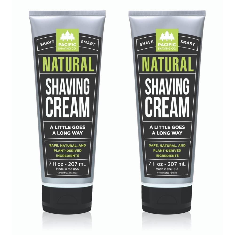 Pacific Shaving Company natural shaving cream tub front showing hydrating formula for sensitive skin.