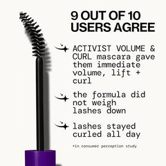 Pacifica Activist Curling Mascara wand close-up shows precise curved bristles for volume.