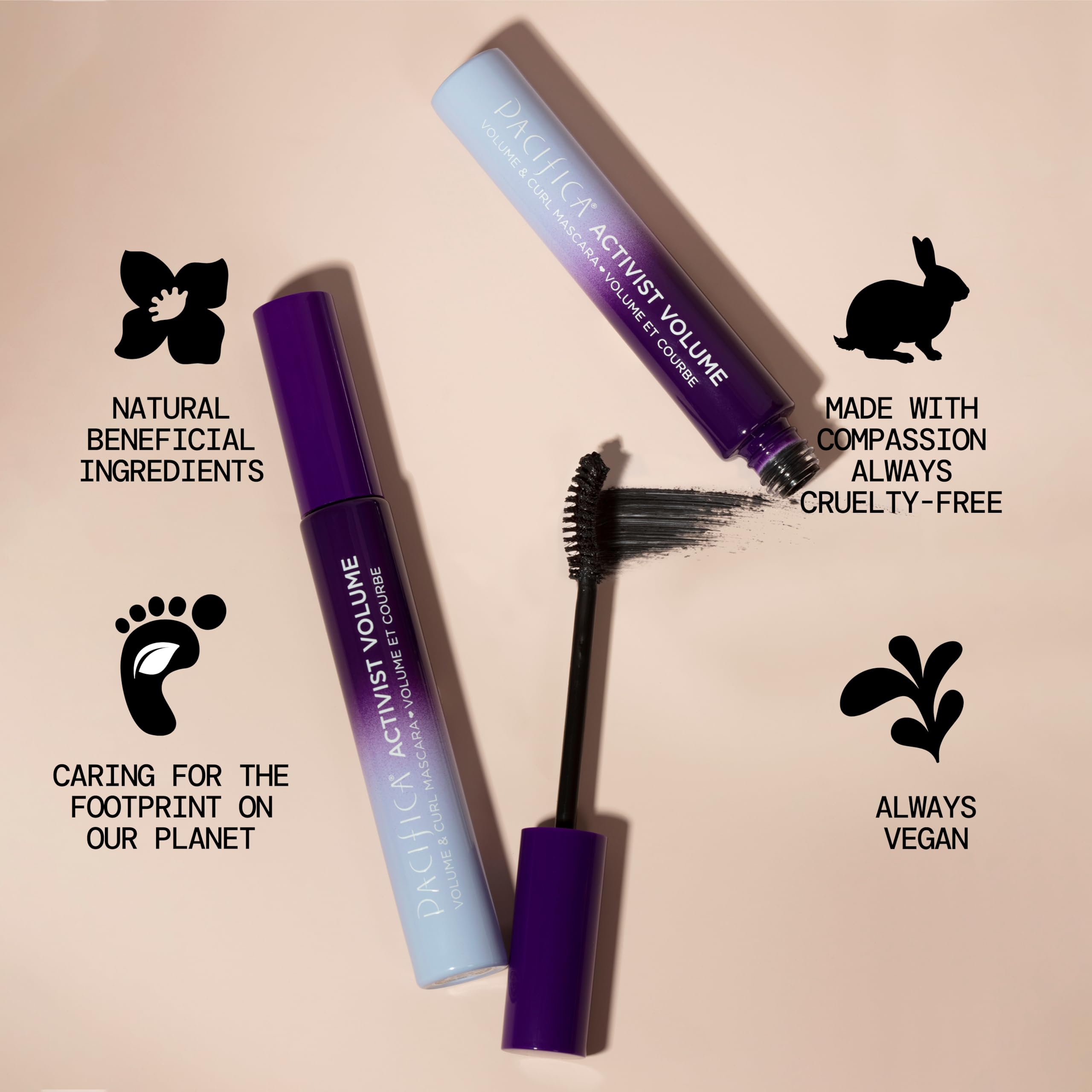 Pacifica Activist Curling Mascara talc-free and Nylon 6-free for clean eye makeup.