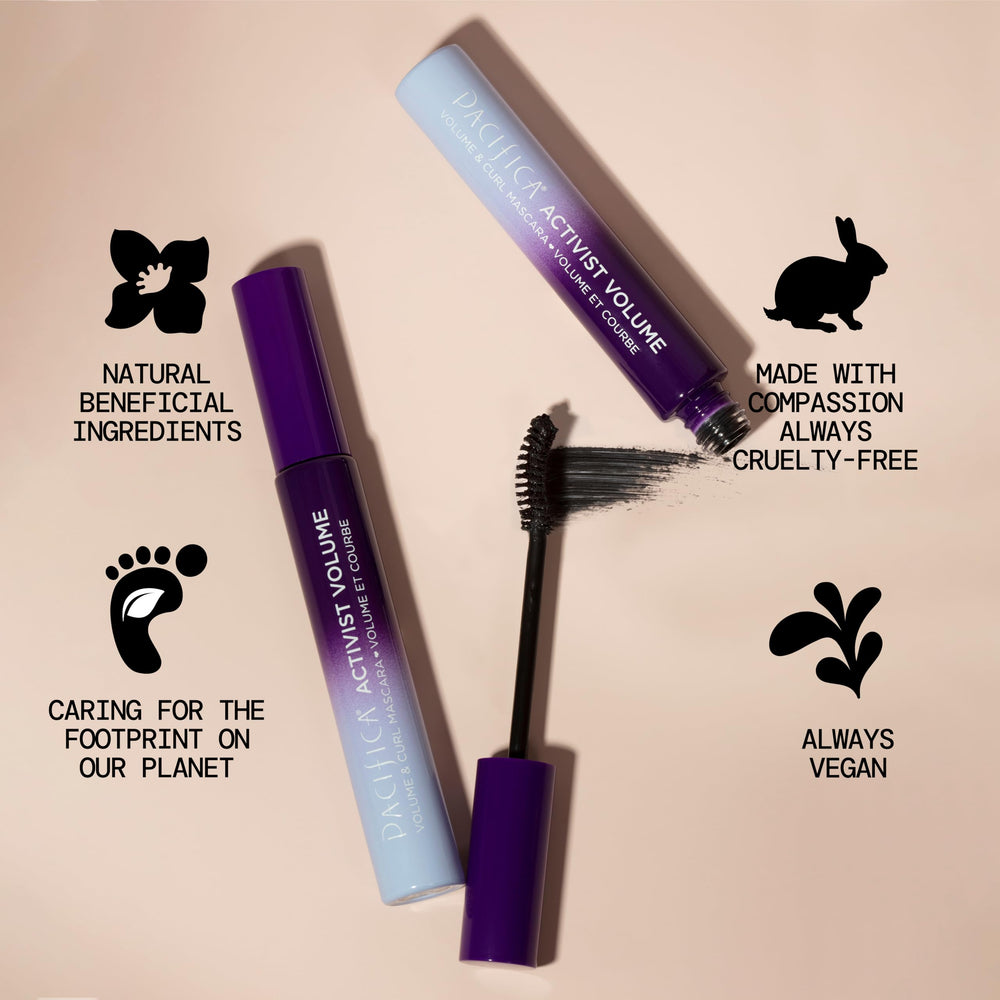 Pacifica Activist Curling Mascara talc-free and Nylon 6-free for clean eye makeup.