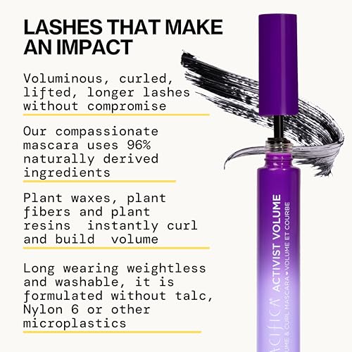 Pacifica Activist Curling Mascara lash close-up demonstrates root-to-tip curl and length.