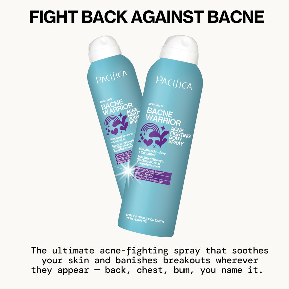 Pacifica Bacne Warrior aloe-cucumber infusion emphasizes soothing hydration for irritated skin.