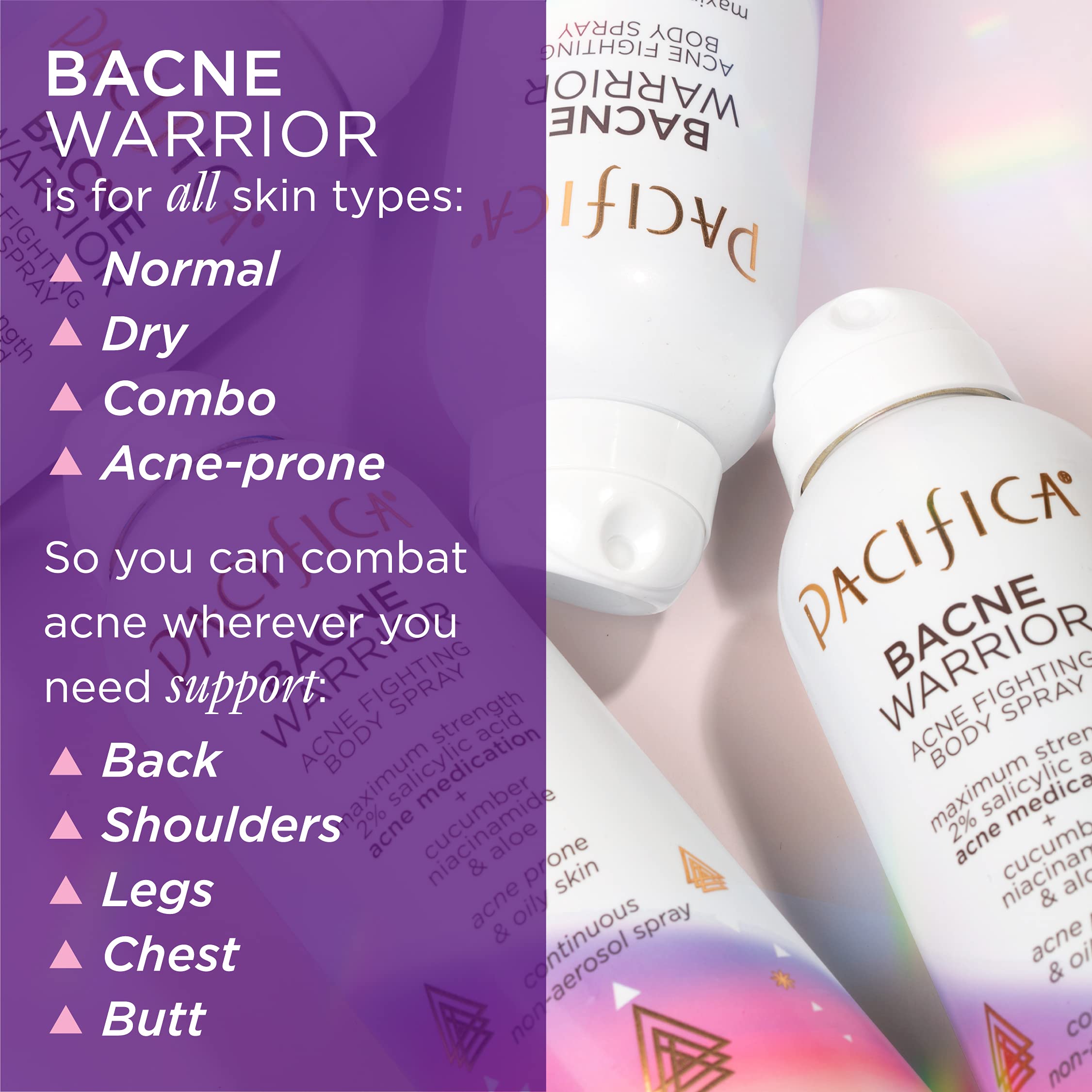 Pacifica Bacne Warrior back-area spray demonstrates versatile acne treatment for the back.