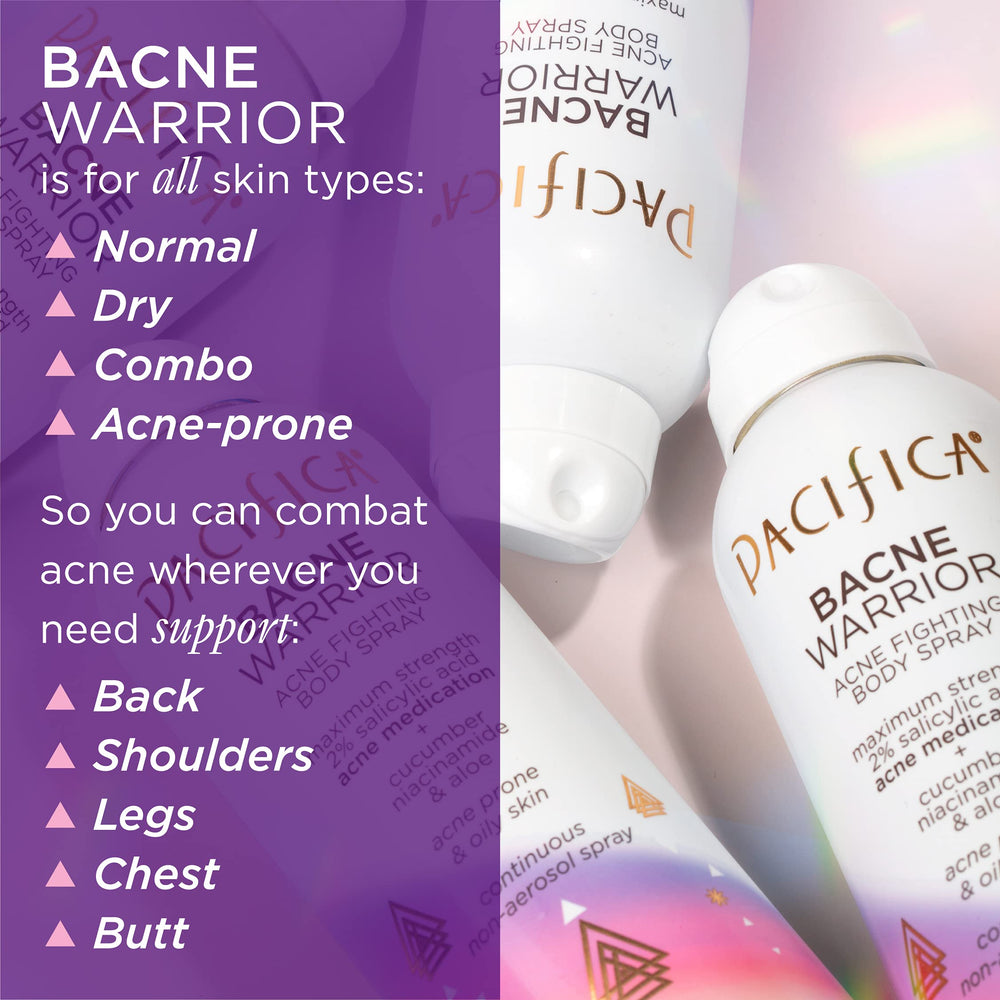 Pacifica Bacne Warrior back-area spray demonstrates versatile acne treatment for the back.
