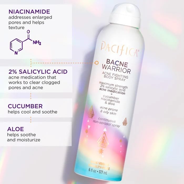 Pacifica Bacne Warrior chest-area spray targets upper torso acne with precision.