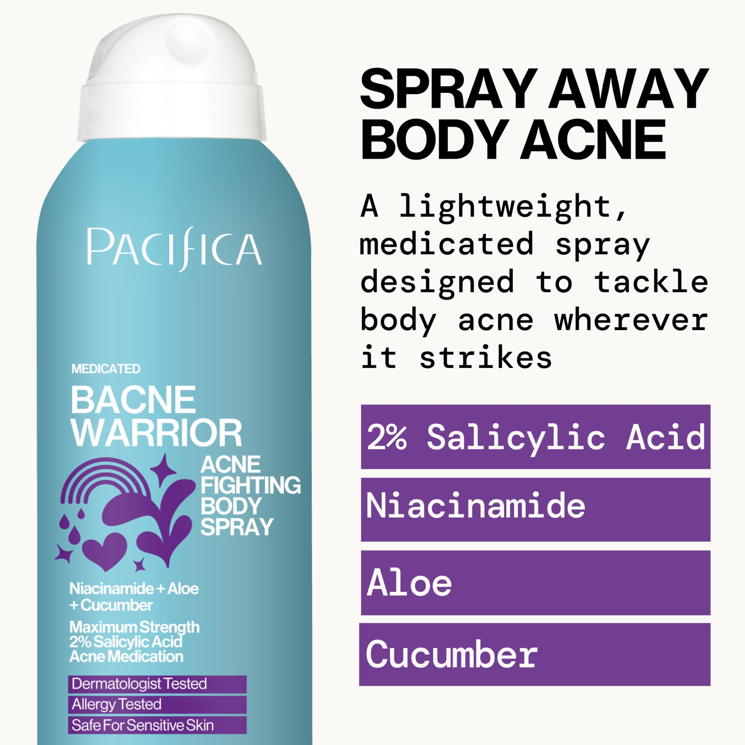 Pacifica Bacne Warrior tiny-mist-drops deliver a fine mist for even skin coverage.