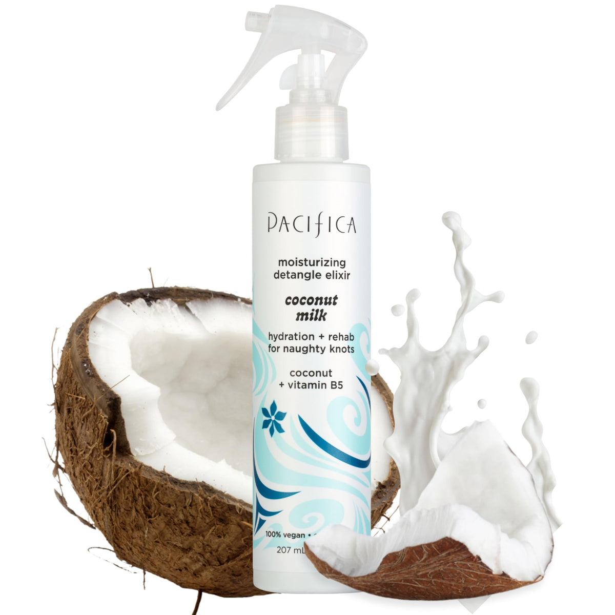 Pacifica Coconut Milk Hair Detangler Spray bottle ready for detangling on wet or dry hair