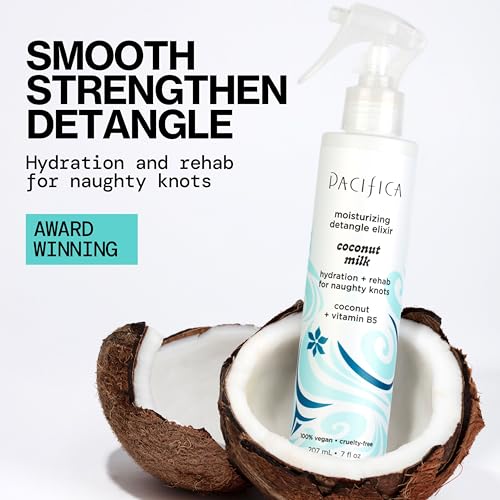 Pacifica Coconut Milk Detangler Spray nozzle applying lightweight leave-in conditioning