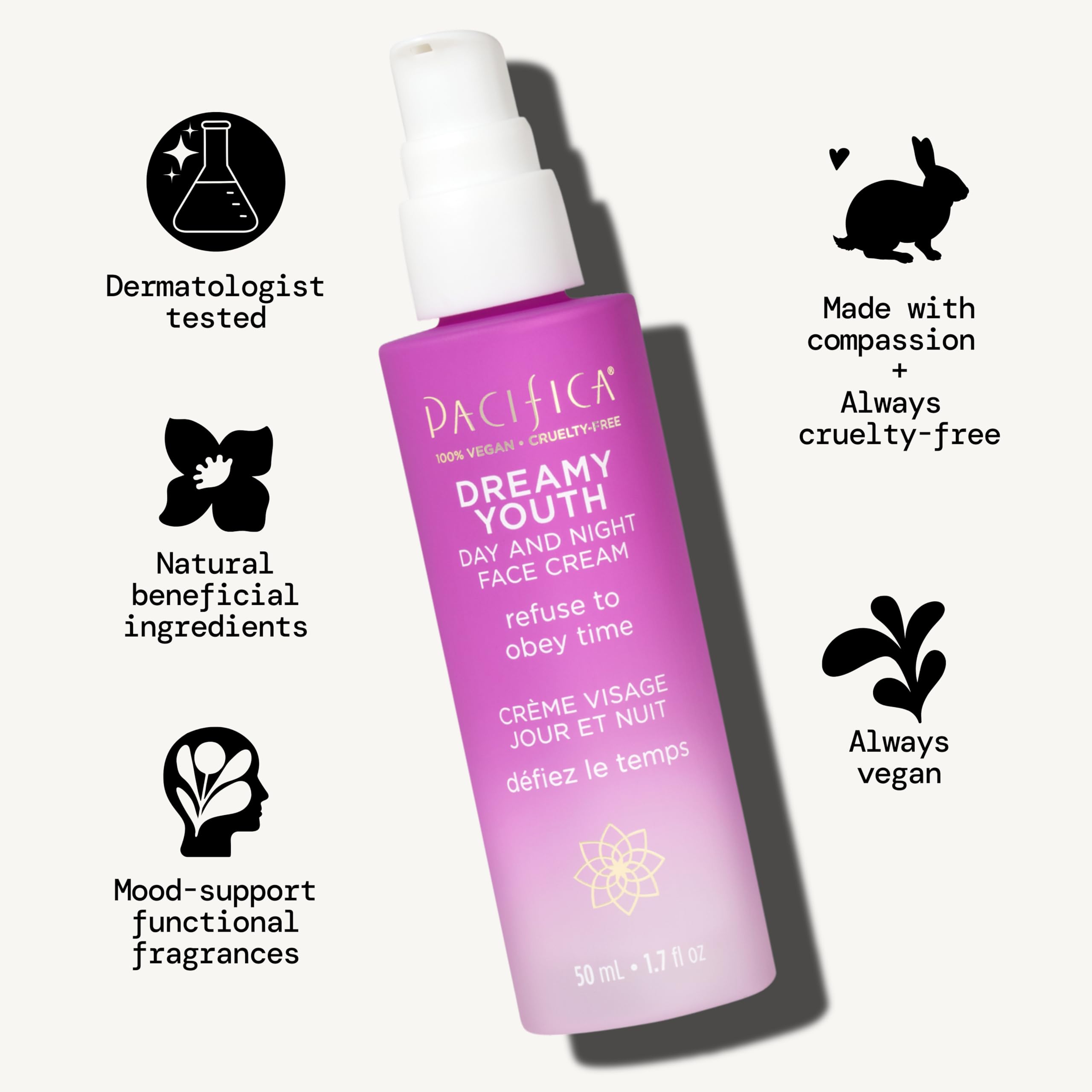 Pacifica Dreamy Youth Face Cream with rose-geranium scent for a refreshing ritual.