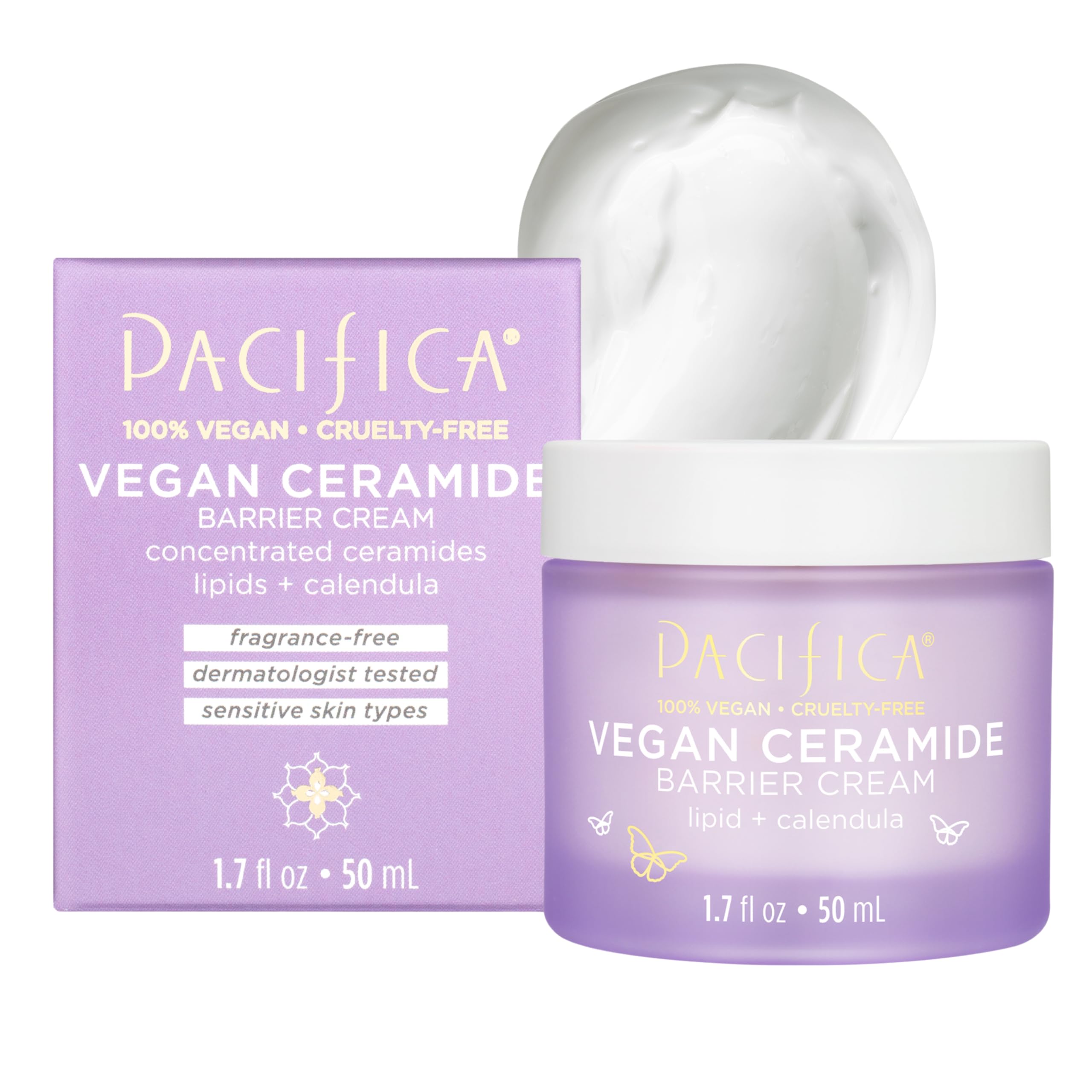 Pacifica Face Cream bottle closeup shows fragrance-free hydration for sensitive skin