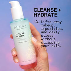 Pacifica Future Youth Foaming Face Wash highlights Flora Peptide-11 complex for firmer-looking skin