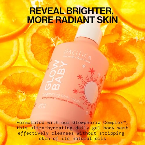 Pacifica Glow Baby Brightening Body Wash with AHA exfoliation for smoother skin.