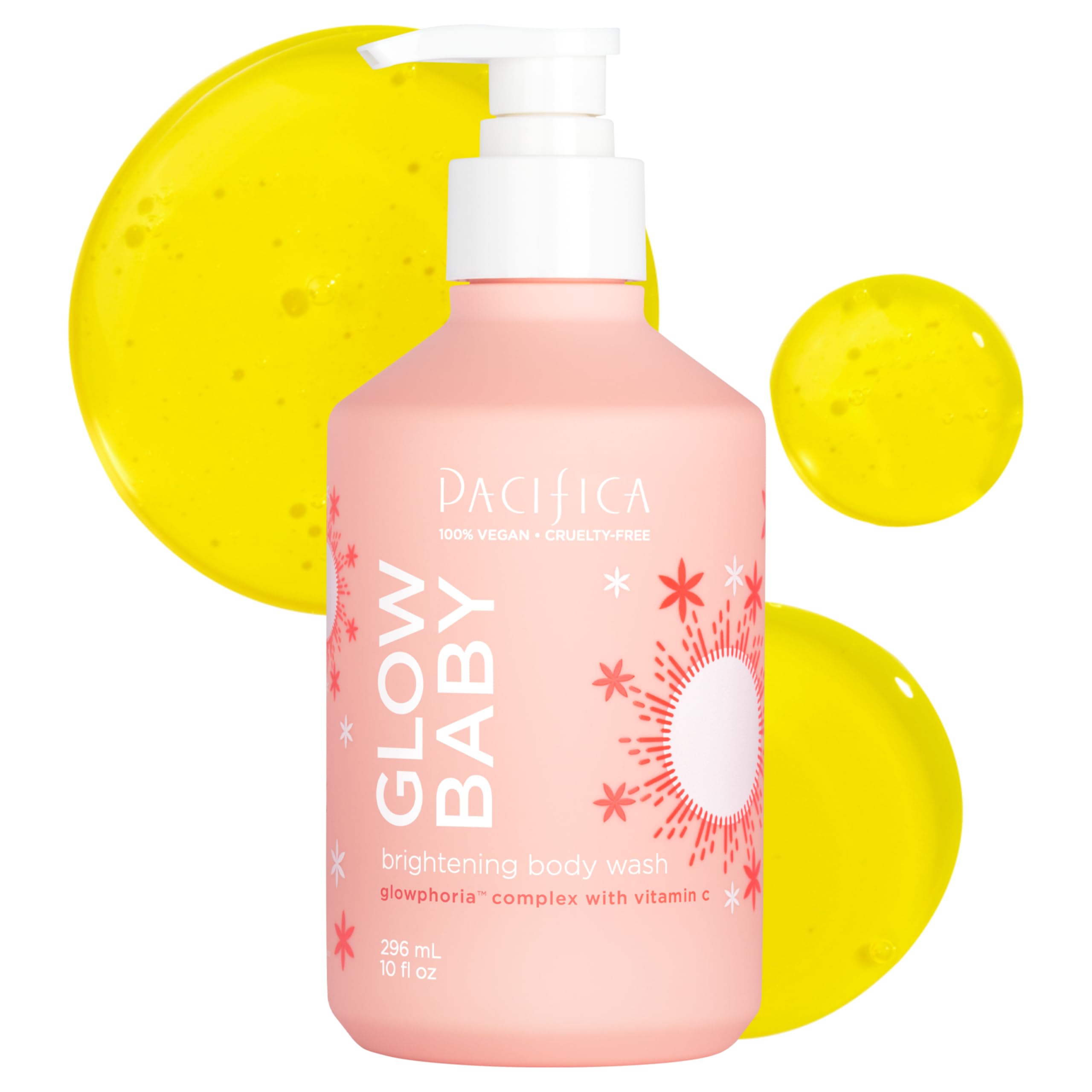 Pacifica Glow Baby Brightening Body Wash bottle showcasing vitamin C brightness for radiant skin.