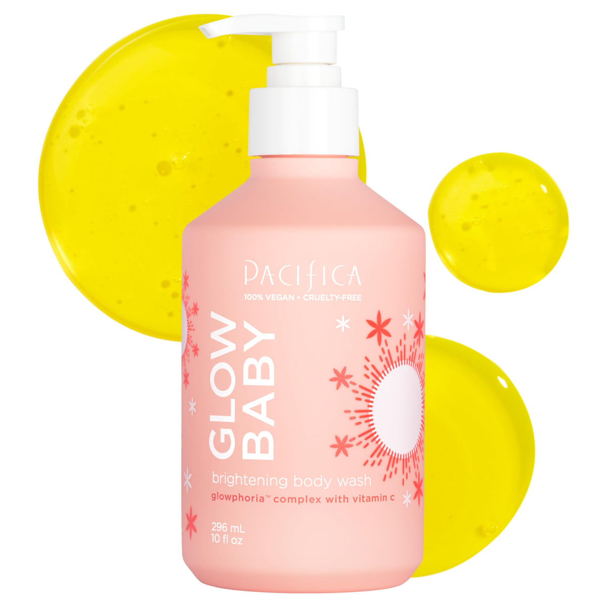 Pacifica Glow Baby Brightening Body Wash bottle showcasing vitamin C brightness for radiant skin.