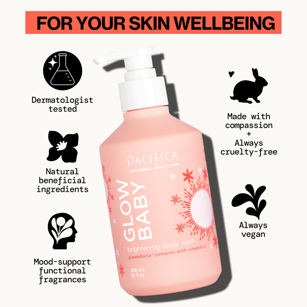 Pacifica Glow Baby Brightening Body Wash foam pump for easy daily use.