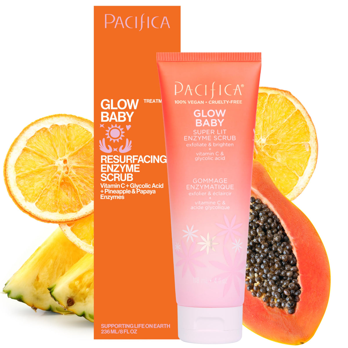 Pacifica Glow Baby Exfoliating Scrub bottle closeup shows brightening formula for radiant skin.