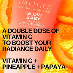 Pacifica Glow Baby Exfoliating Scrub packaging front confirms vegan, cruelty-free skincare.
