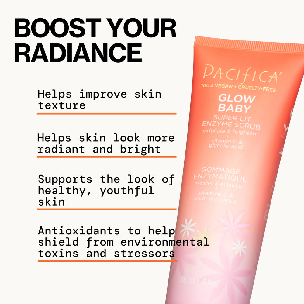 Pacifica Glow Baby Scrub lather shot illustrating eco-friendly exfoliant, no plastic beads.
