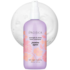 Pacifica Jasmine Agave Strength & Shine shampoo bottle with glossy, repair-ready hair.