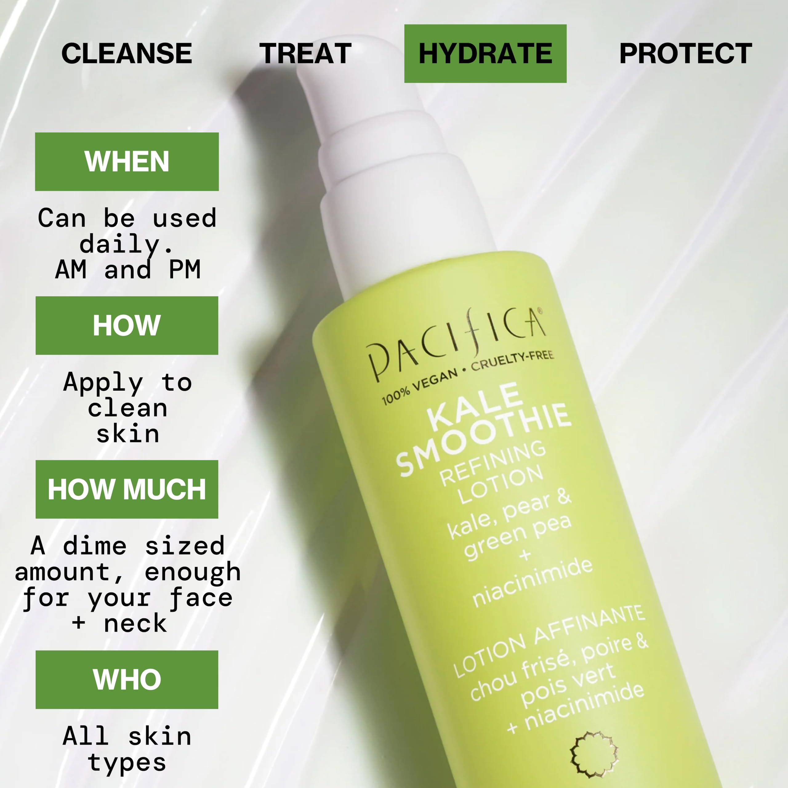 Oil-free formula of Pacifica Kale Smoothie Face Lotion suits acne-prone skin.