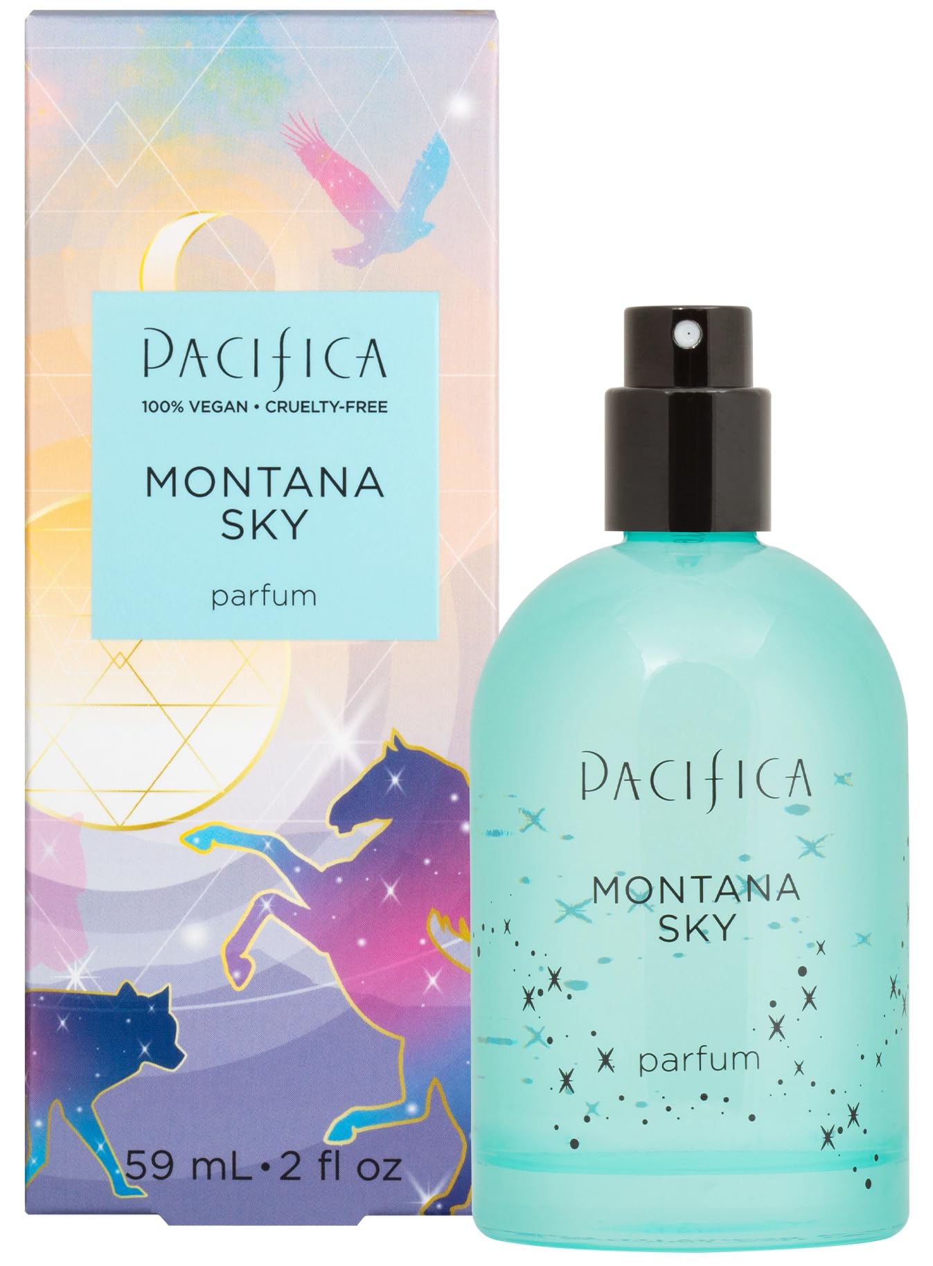 Pacifica Montana Sky bottle closeup showcasing a clean vegan fragrance for daily wear.