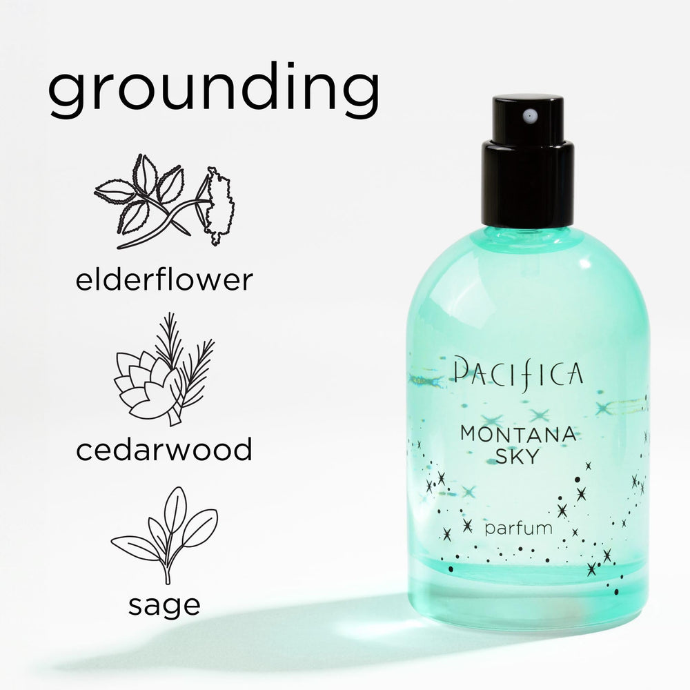 Pacifica Montana Sky mood-aromatherapy emphasis suggests a calming routine during busy days.