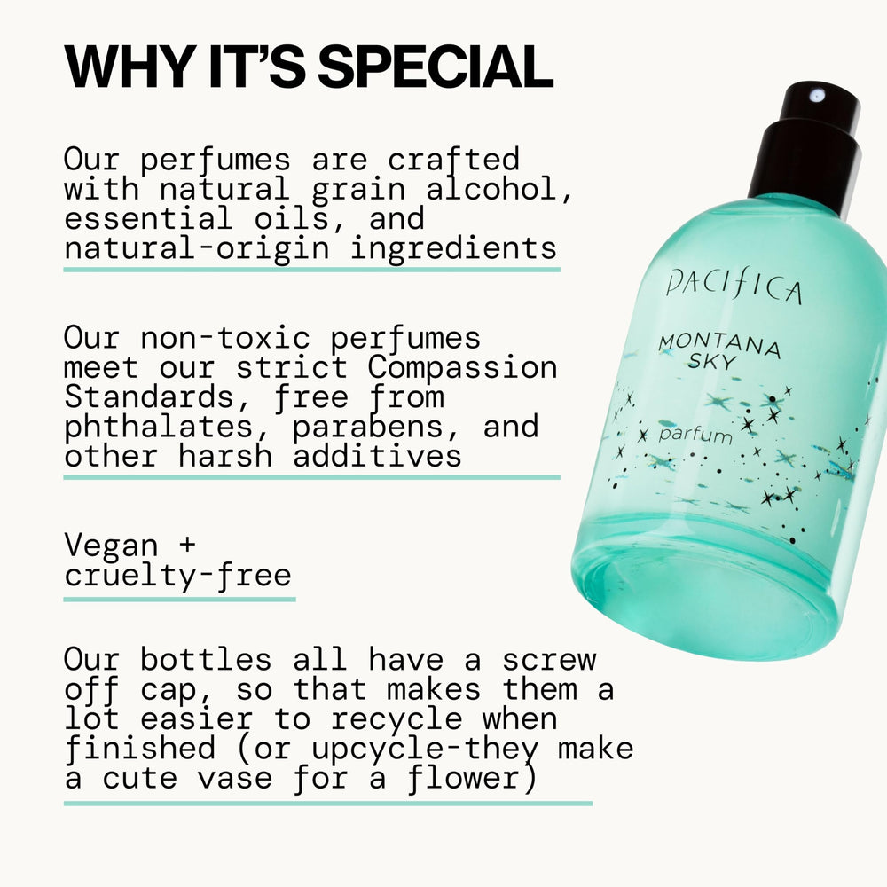Pacifica Montana Sky cedarwood note closeup signals grounding aroma for everyday calm moments.