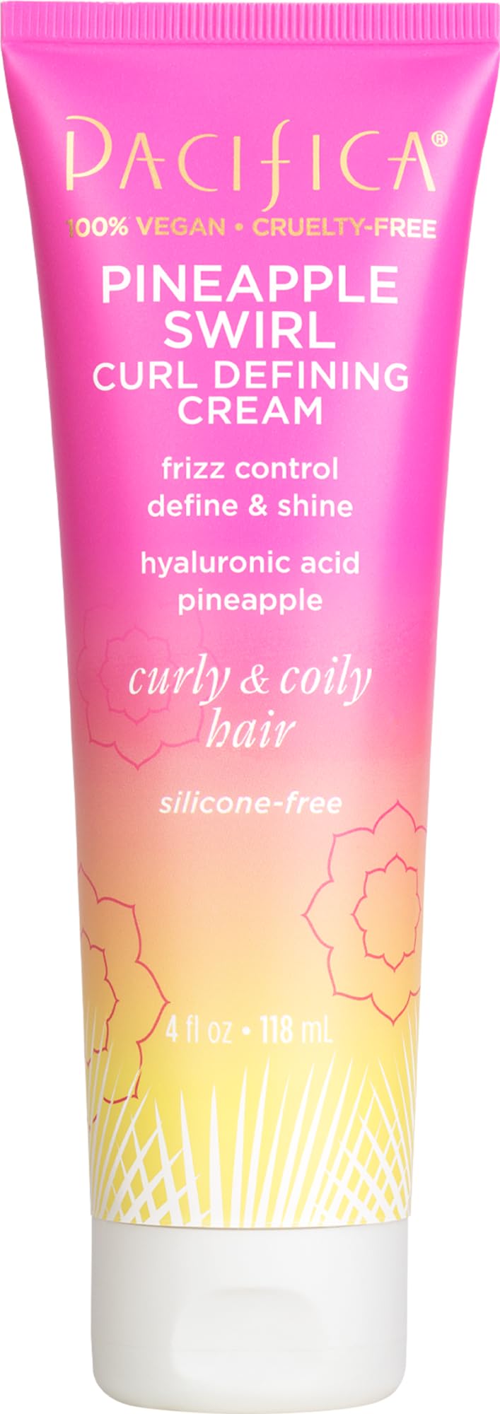 Pacifica Pineapple Swirl curl cream bottle pump demonstrates easy daily styling.
