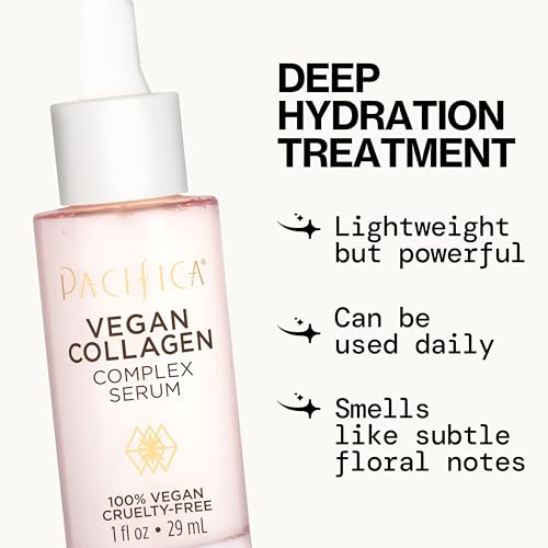 Texture close-up of Pacifica Vegan Collagen Complex Serum showing smooth, dewy finish.