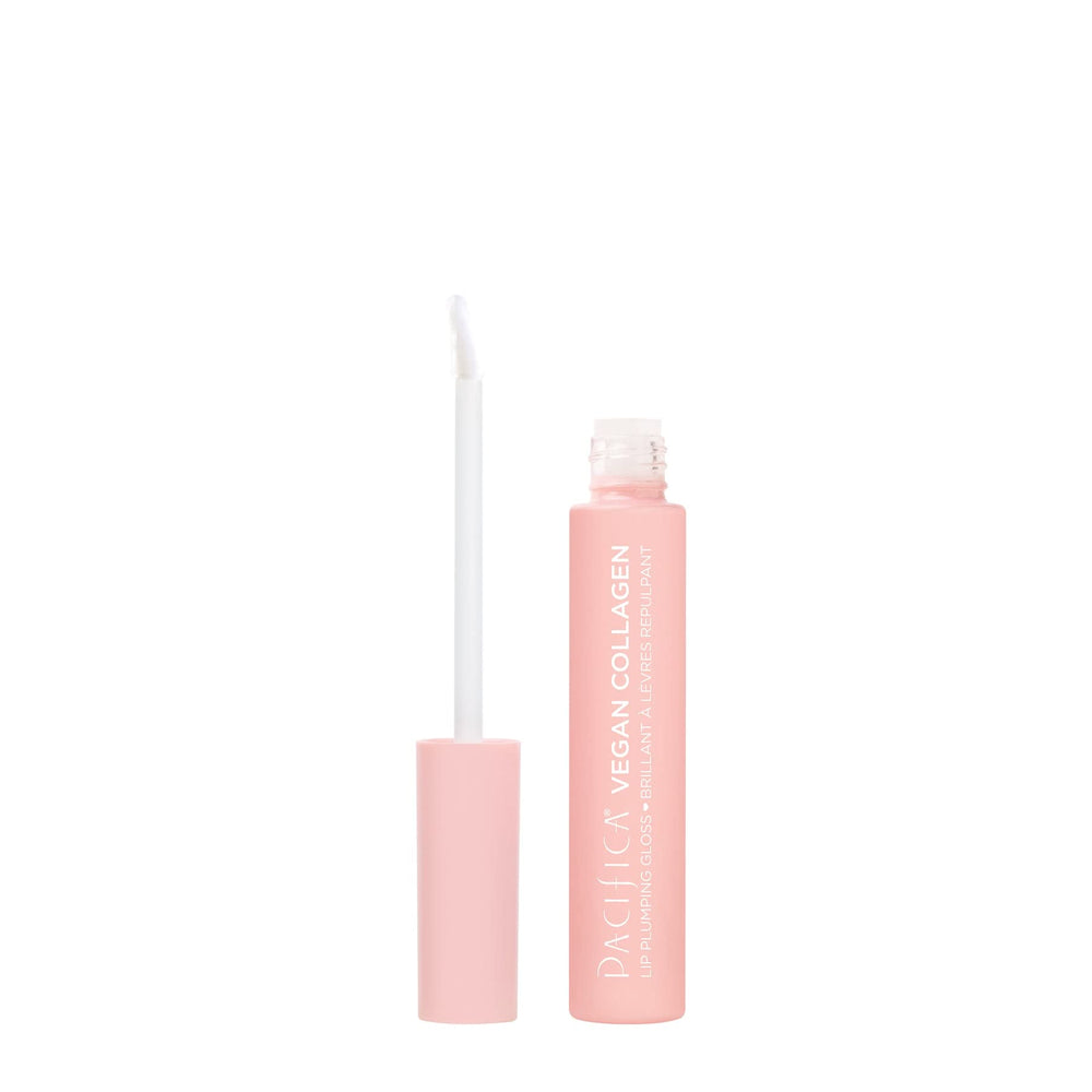 Pacifica Vegan Collagen Lip Plumping Gloss tube-front showcases glossy, hydrated, plump-looking lips.