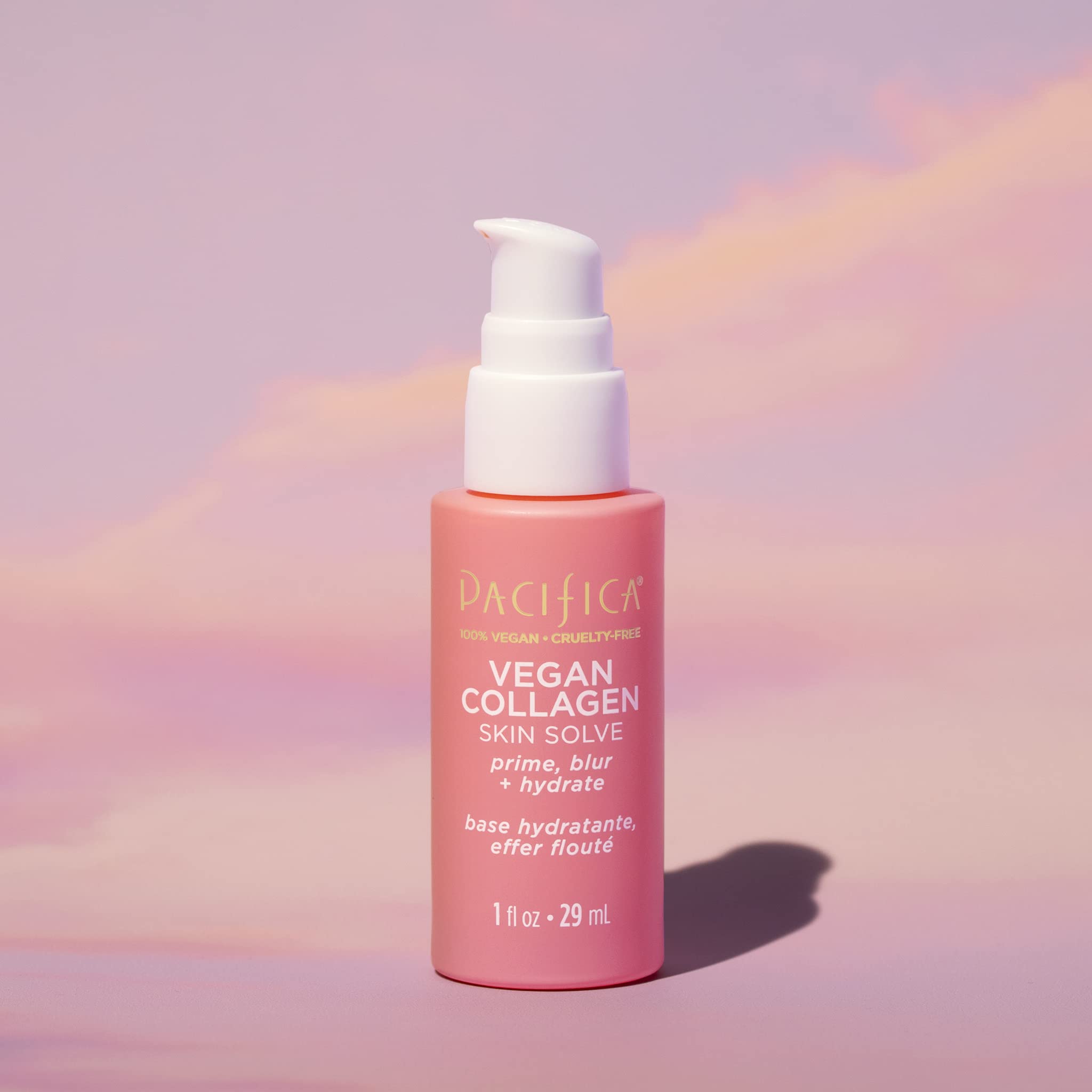 Pacifica Vegan Collagen Skin Solve Primer under-foundation creates smooth base and glow.