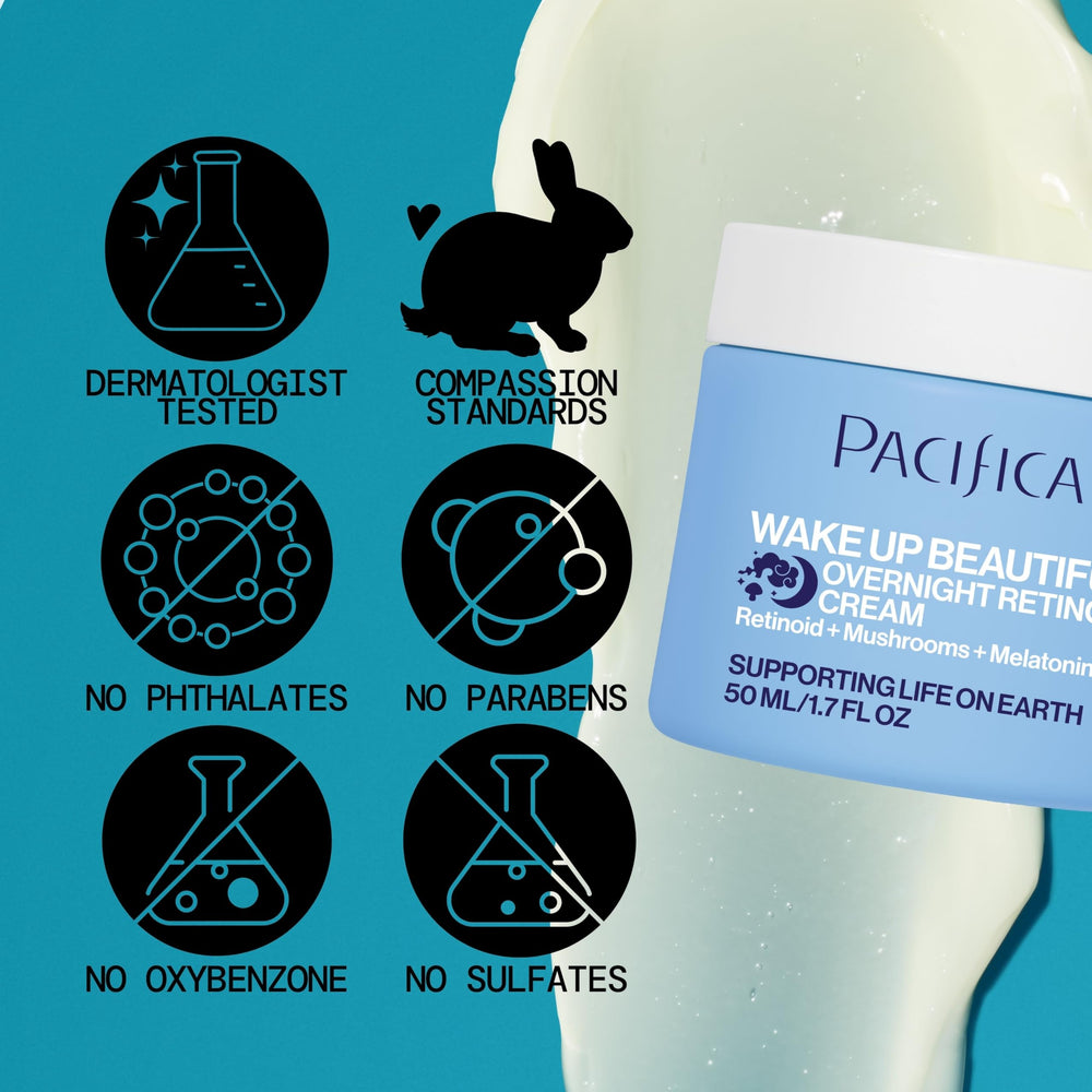 Pacifica Wake Up Beautiful Night Cream with melatonin supports overnight skin recovery and antioxidant protection