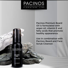 Pacinos Beard Oil ingredients highlight argan and tea tree for natural nourishment.