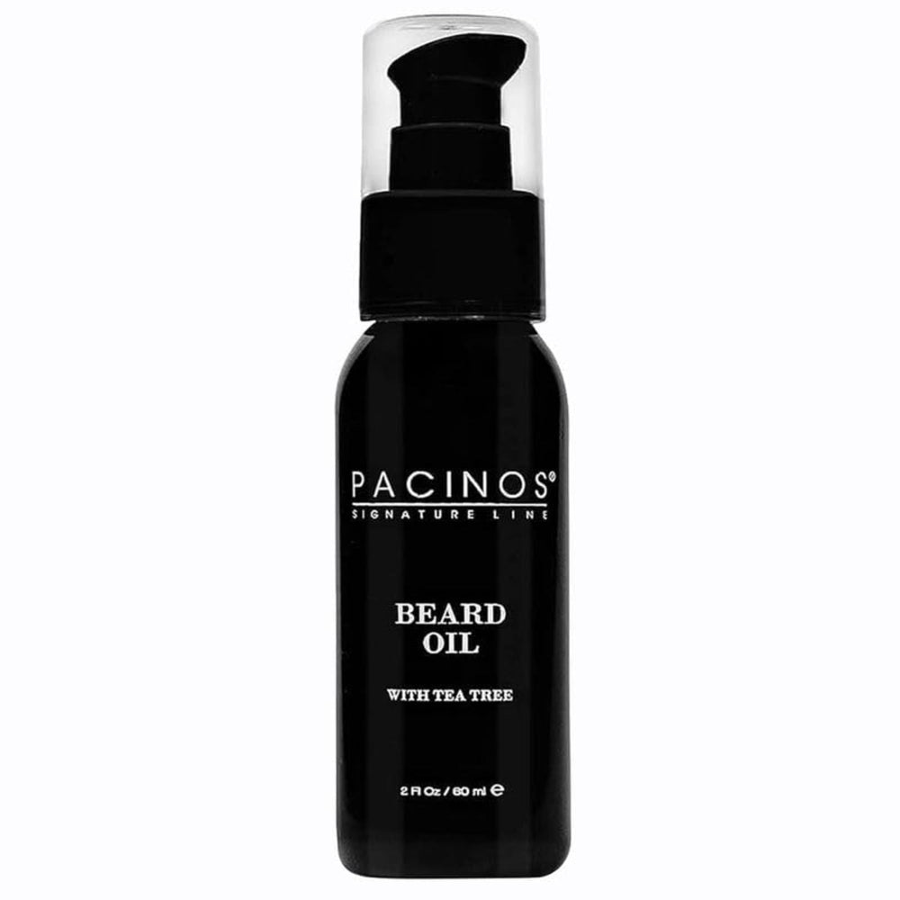 Pacinos Beard Oil bottle front shows a moisturized, healthy looking beard.