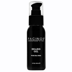 Pacinos Beard Oil bottle front shows a moisturized, healthy looking beard.