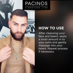 Pacinos Beard Oil hands applying from roots to ends for even hydration.