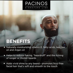 Pacinos Beard Oil pump-dispense enables easy, mess-free daily application.