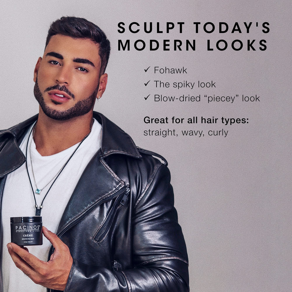Pacinos Creme Wax Cream texture close-up reveals creamy feel and flexible hold.