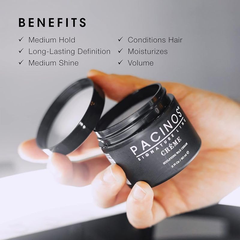 Pacinos Creme Hair Sculpting Wax Cream tube closeup for precise medium-hold styling