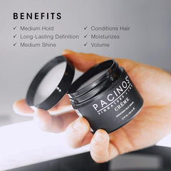 Pacinos Creme Hair Sculpting Wax Cream tube closeup for precise medium-hold styling