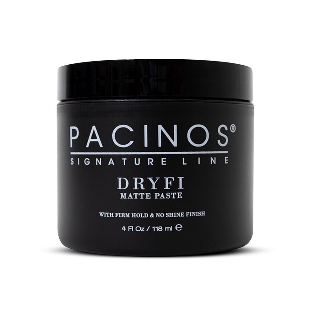 Pacinos DRYFI matte paste bottle for natural, shine-free styling.