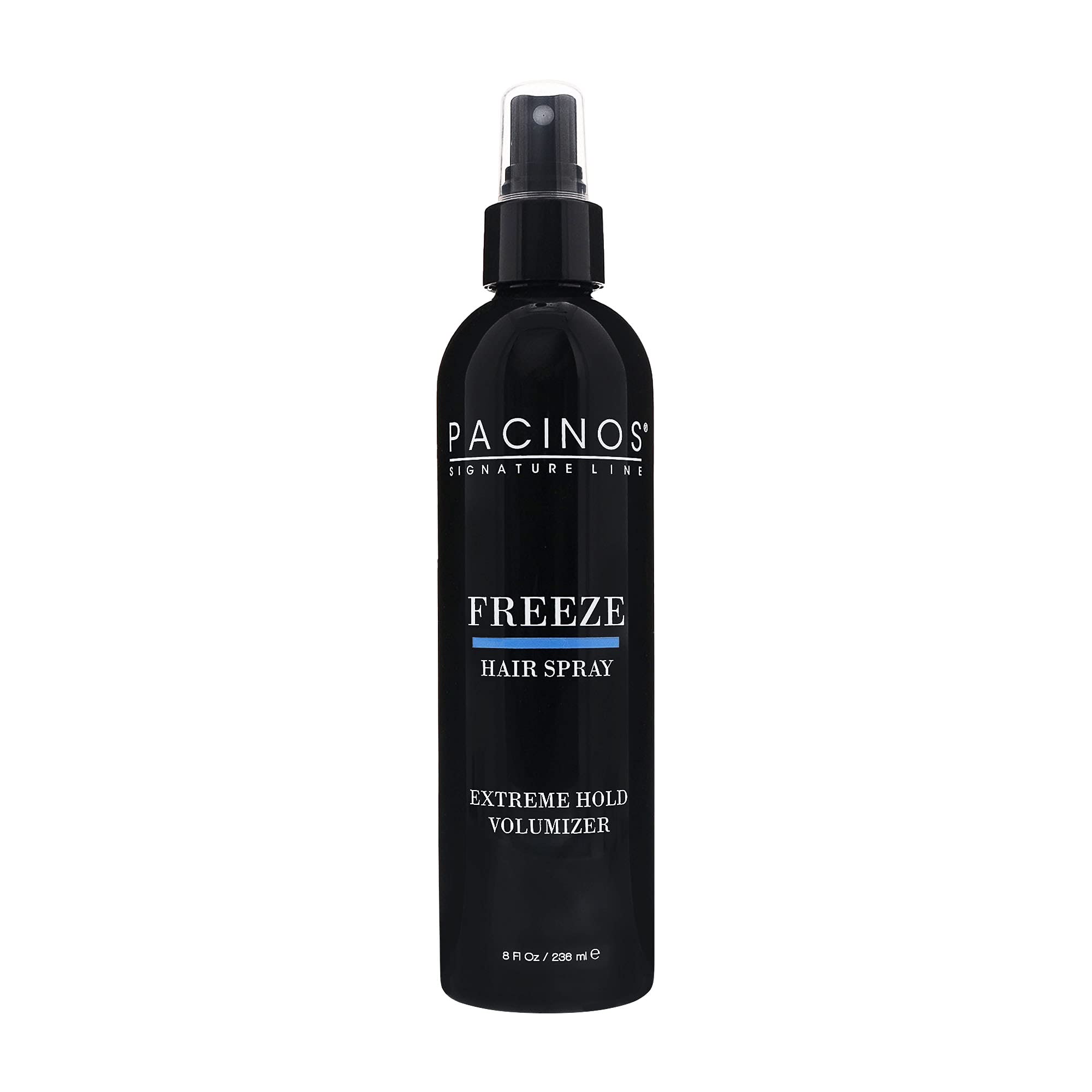 Pacinos Freeze Hair Spray bottle closeup shows premium hold for all-day style